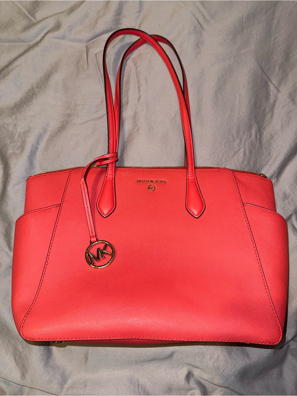 Michael Kors Coral-Red Saffiano Tote with MK Charm